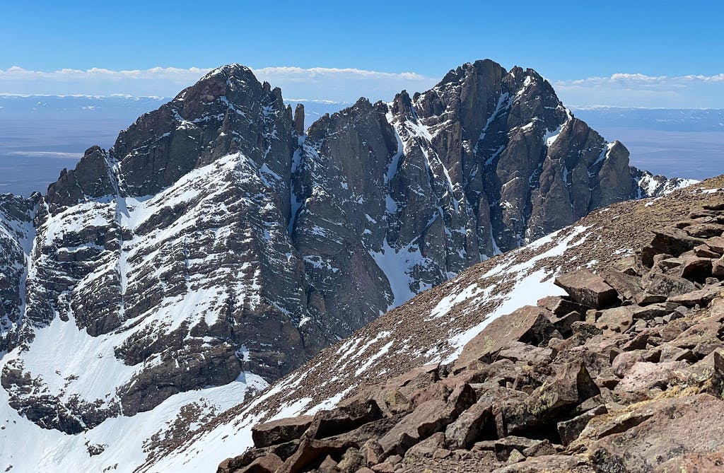 A broader view of the Crestones from the summit of Humboldt Peak.